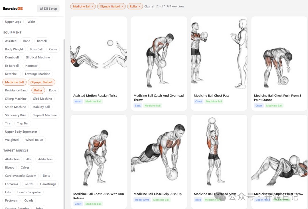 开源项目 Exercises Dataset 网页界面截图,左侧按器械与目标肌肉筛选,右侧为动作卡片网格